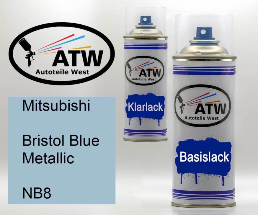 Mitsubishi, Bristol Blue Metallic, NB8: 400ml Sprühdose + 400ml Klarlack - Set, von ATW Autoteile West.
